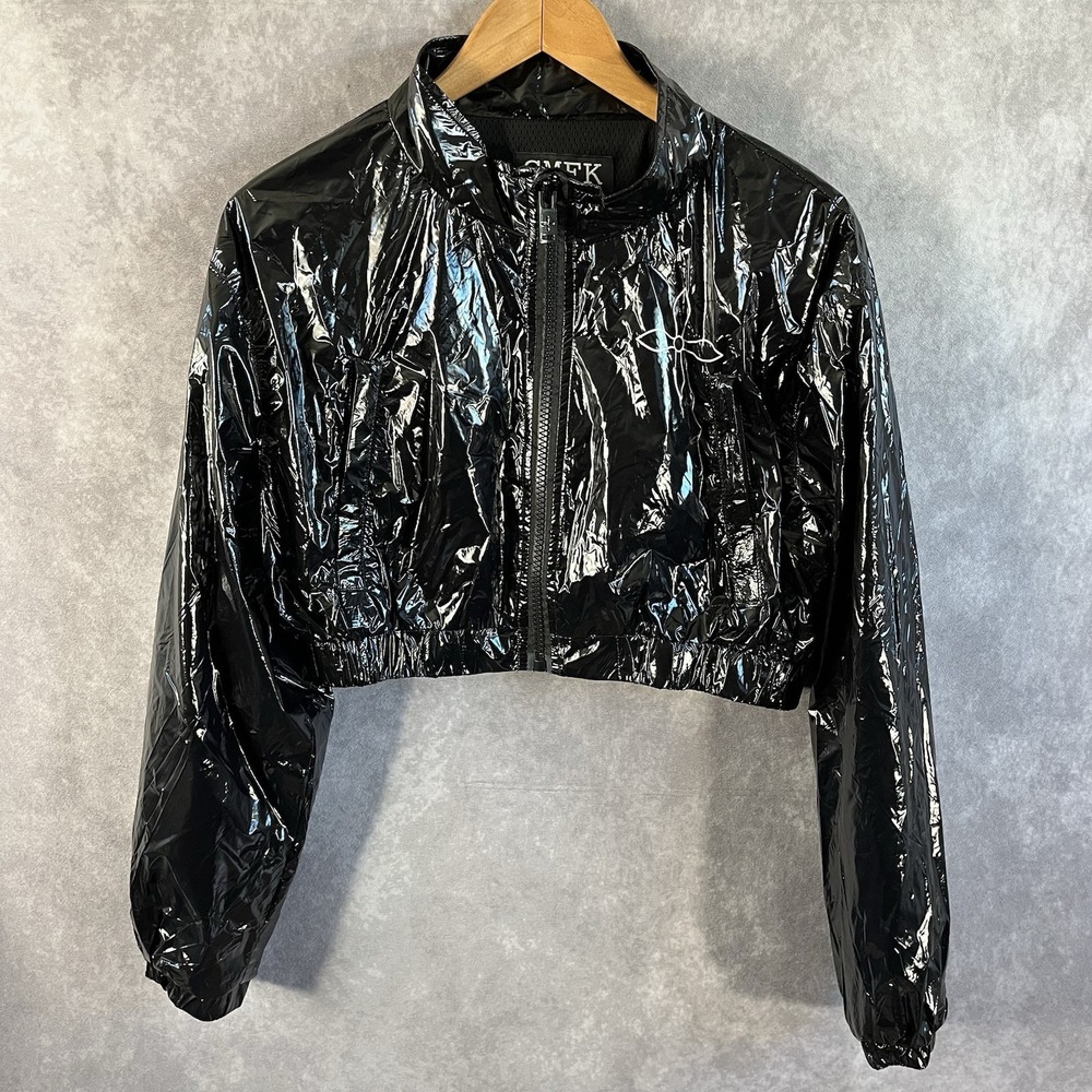 SMFK Cropped Windbreaker Jacket Womens Black High Shine Patent Graphic Zip